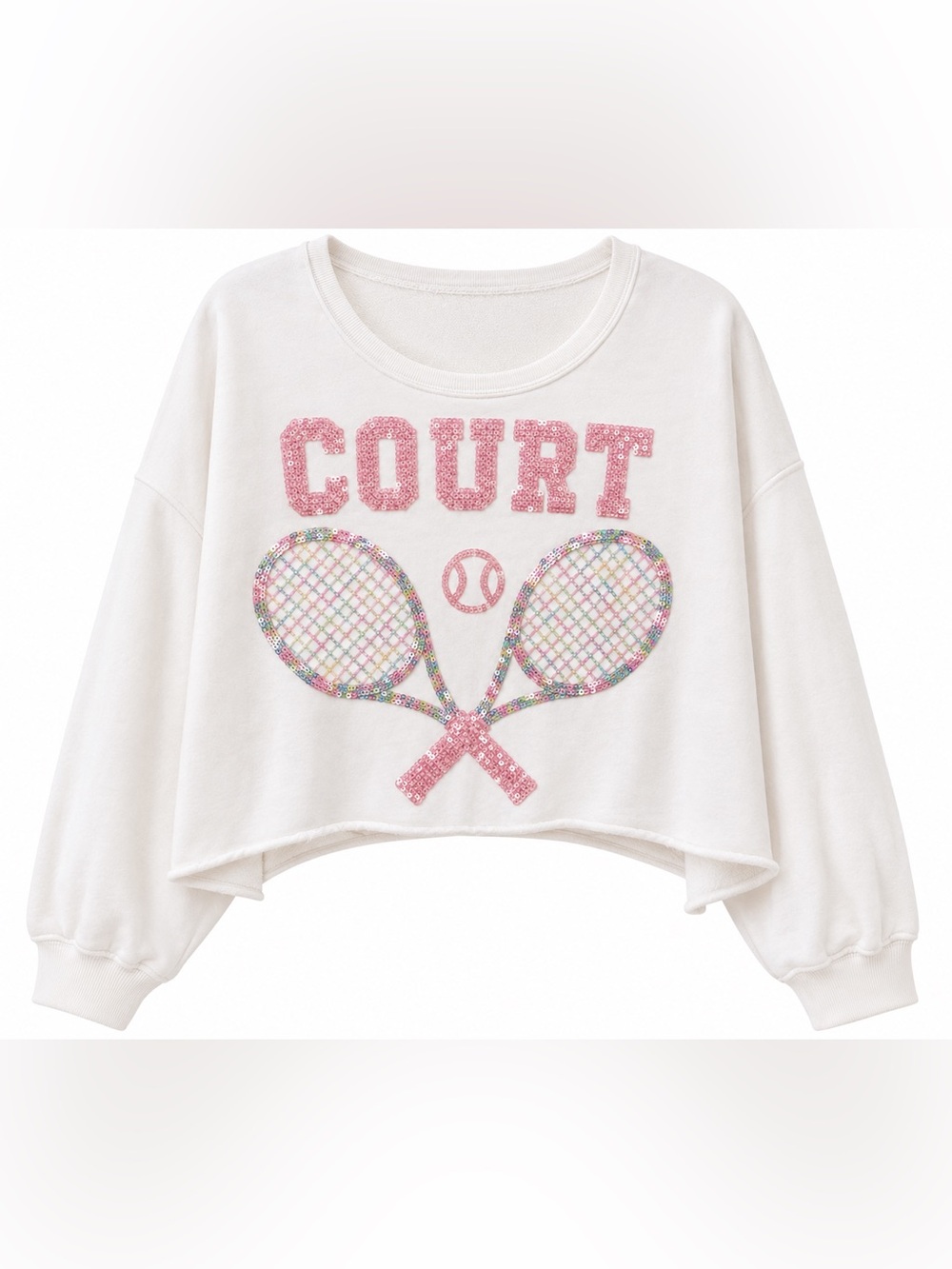 Peach Love California Sequin Tennis Graphic White Cropped Sweatshirt- M